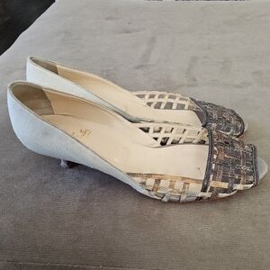 Christian Louboutin Beige and Brown Woven Peep-Toe Kitten Heels